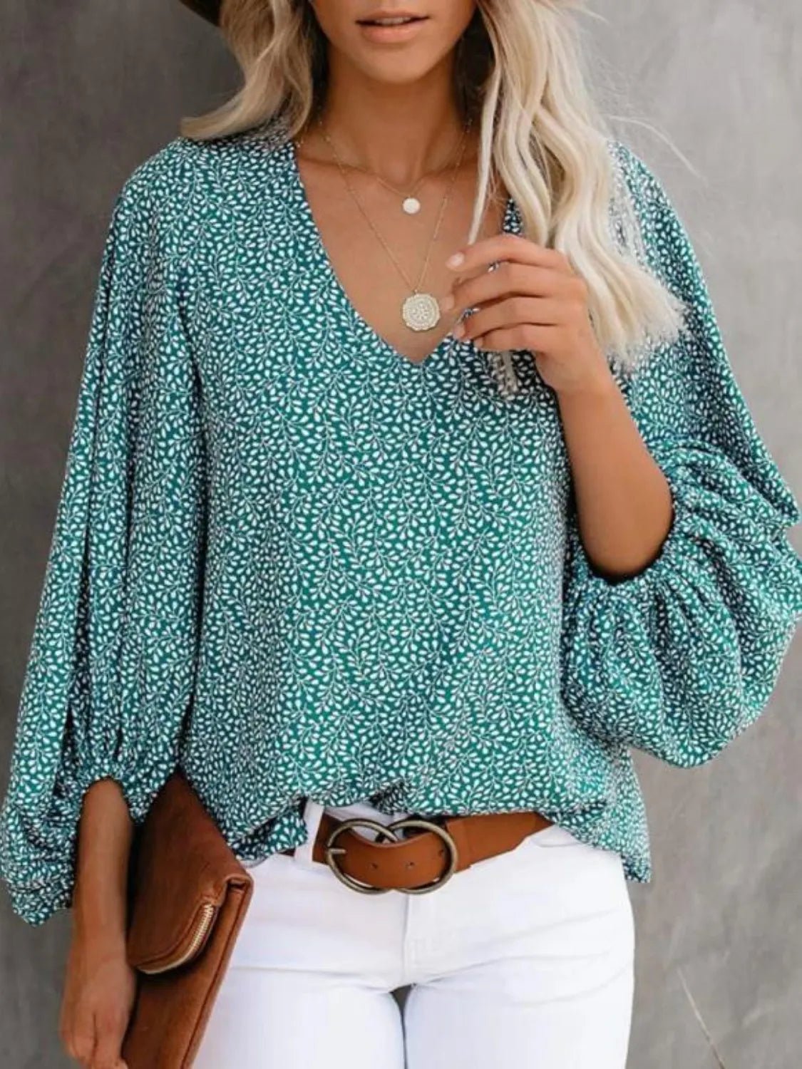 Printed V-Neck Long Sleeve Blouse - Lookzlike