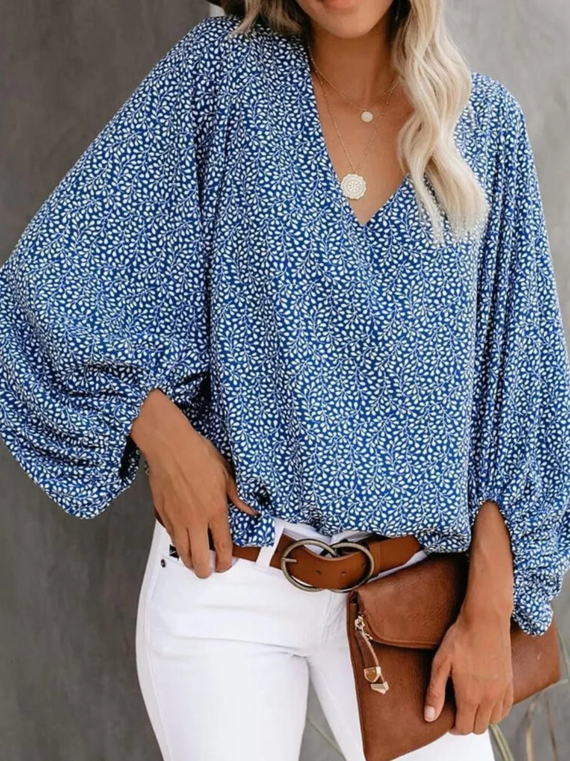 Printed V-Neck Long Sleeve Blouse - Lookzlike