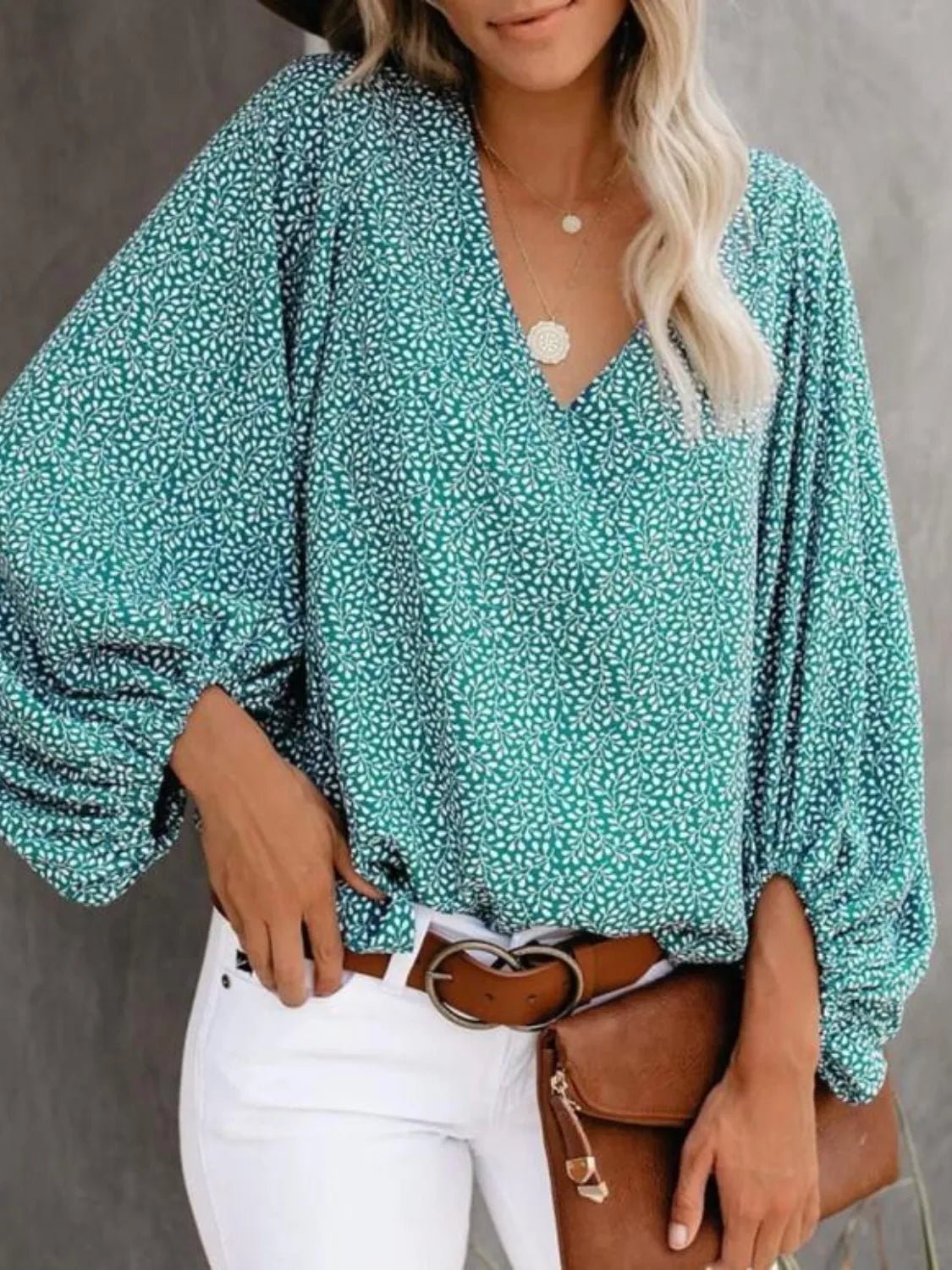 Printed V-Neck Long Sleeve Blouse - Lookzlike
