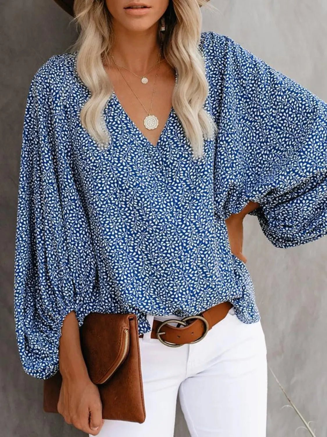 Printed V-Neck Long Sleeve Blouse - Lookzlike