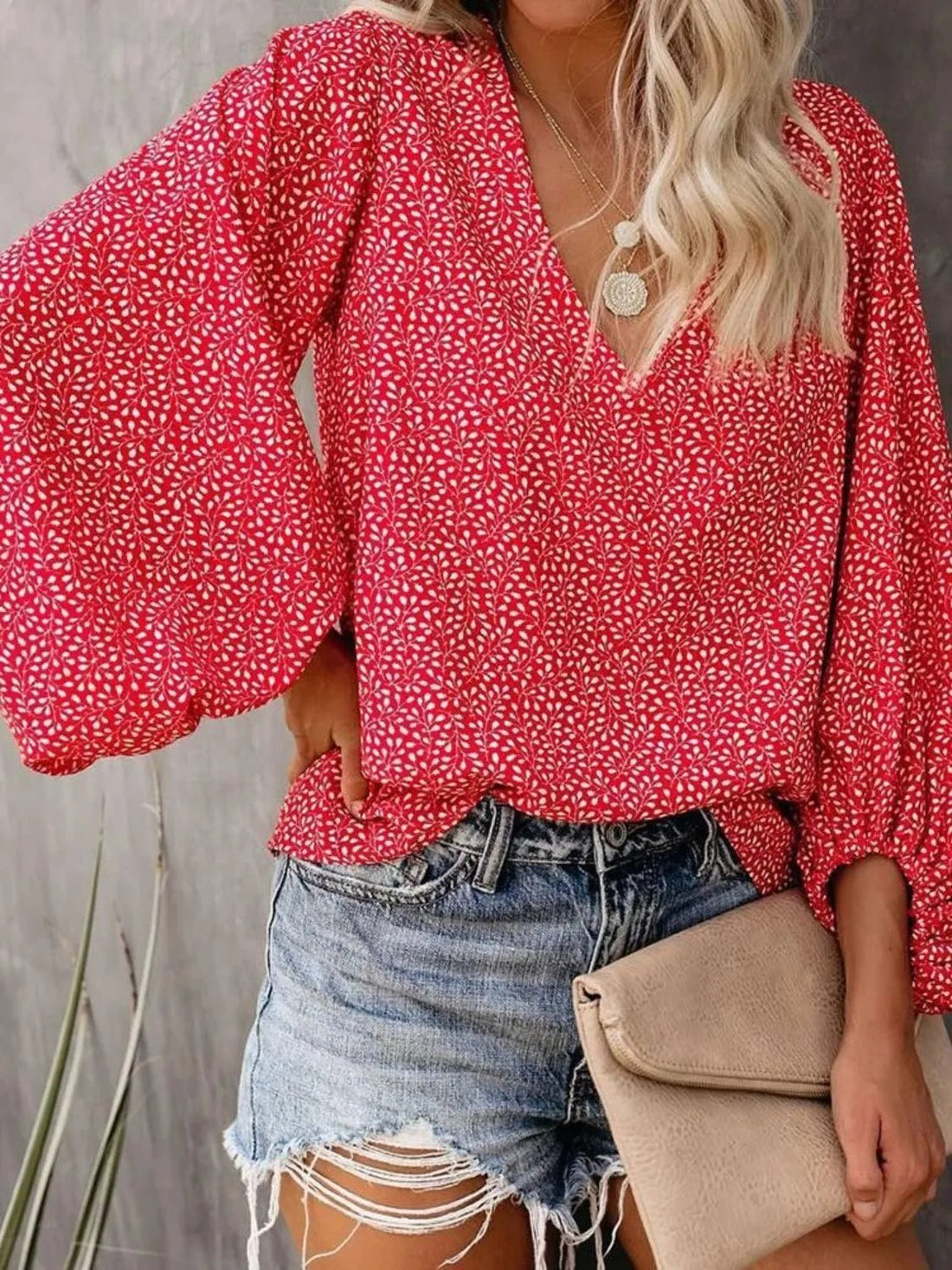 Printed V-Neck Long Sleeve Blouse - Lookzlike