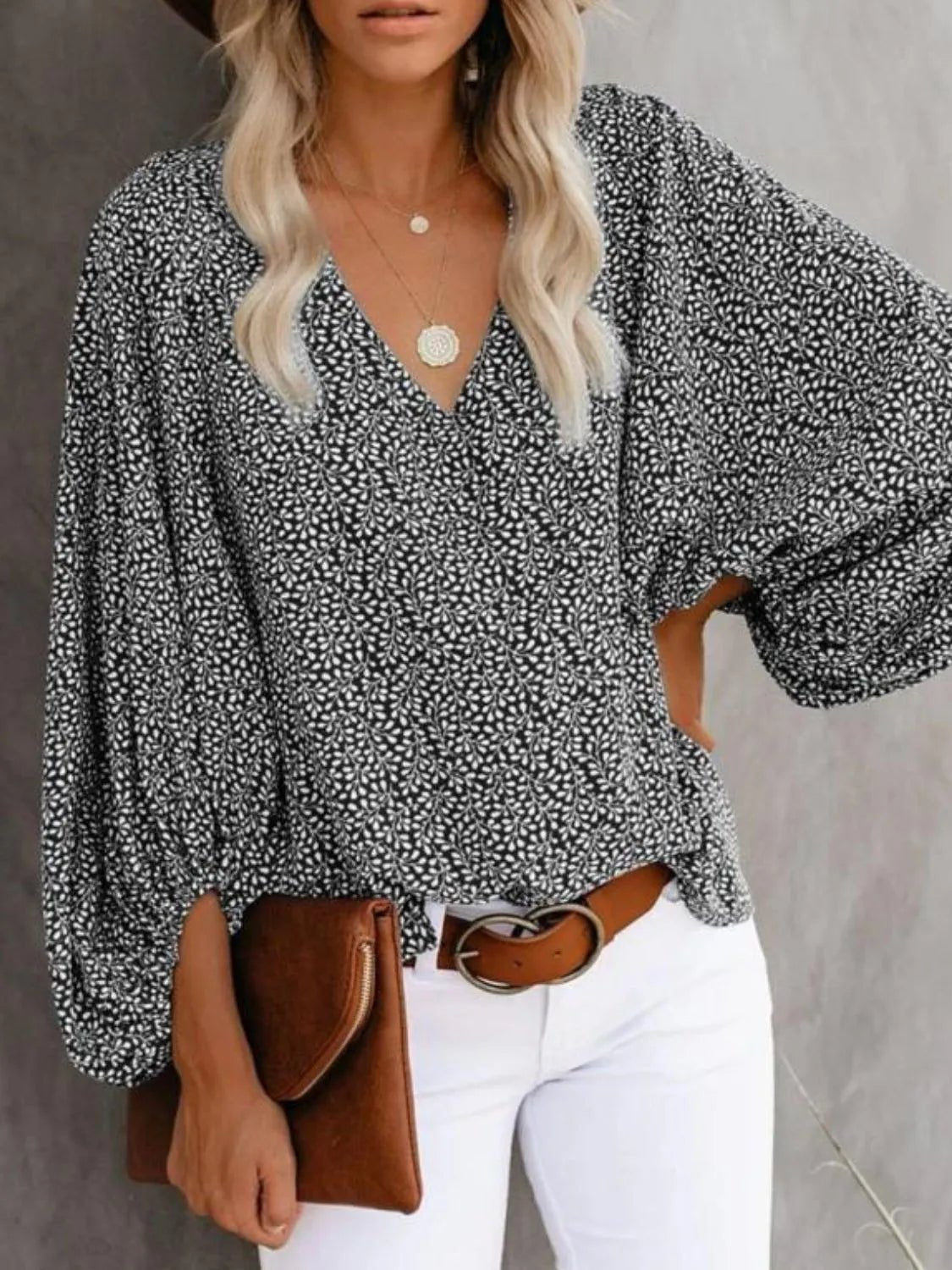 Printed V-Neck Long Sleeve Blouse - Lookzlike
