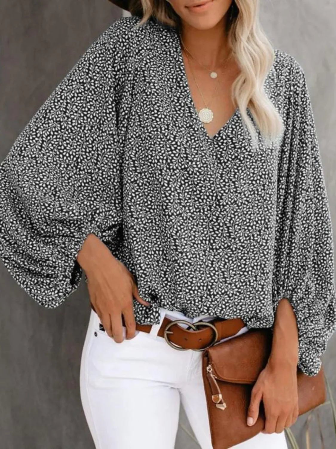 Printed V-Neck Long Sleeve Blouse - Lookzlike