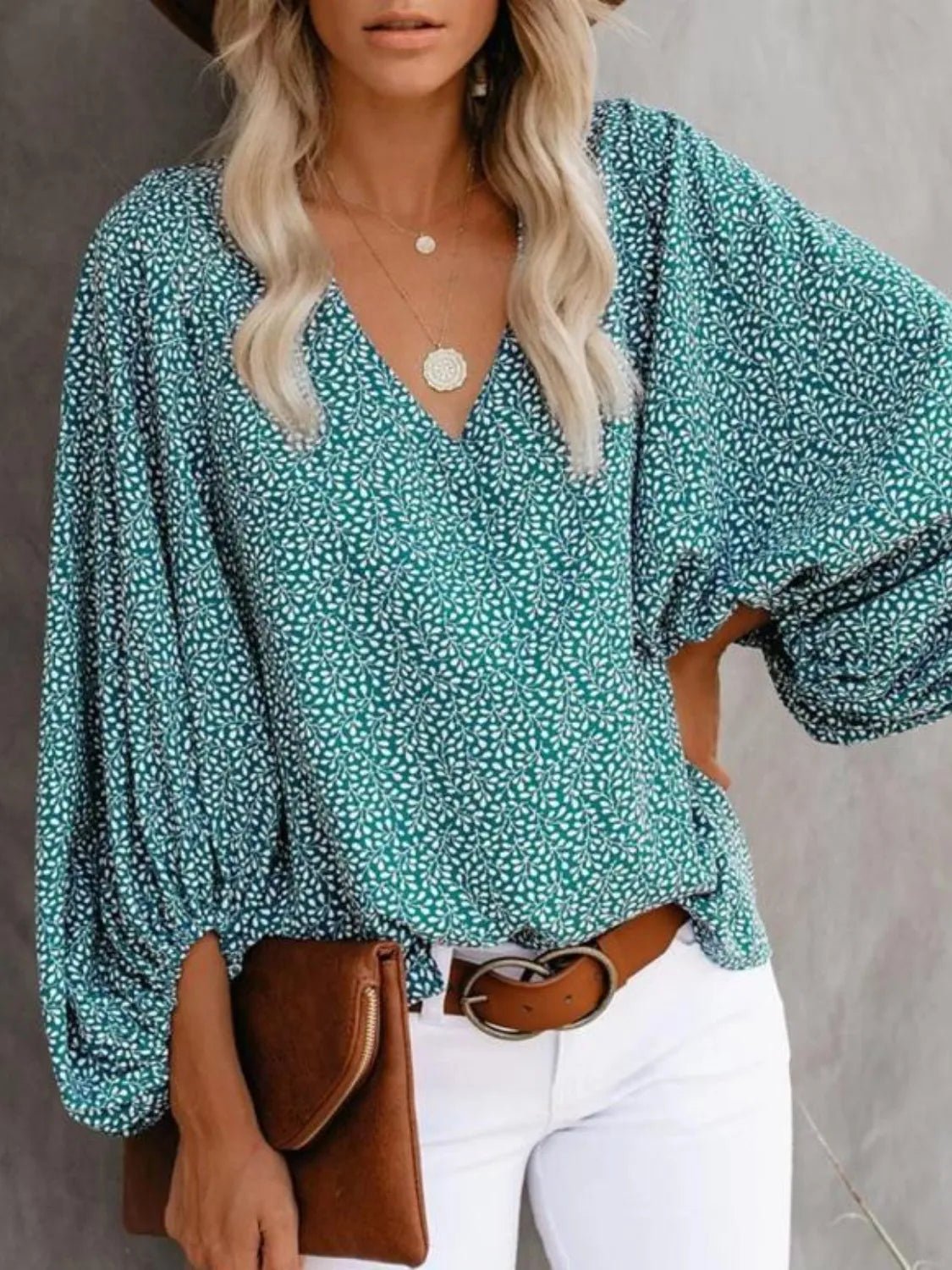Printed V-Neck Long Sleeve Blouse - Lookzlike