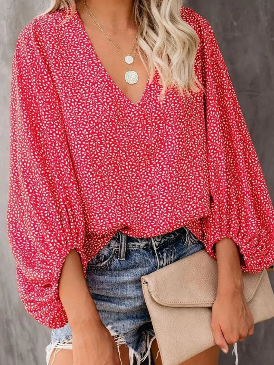 Printed V-Neck Long Sleeve Blouse - Lookzlike