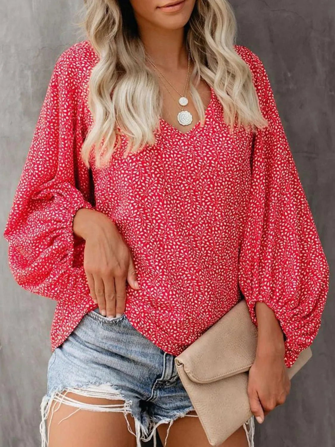 Printed V-Neck Long Sleeve Blouse - Lookzlike