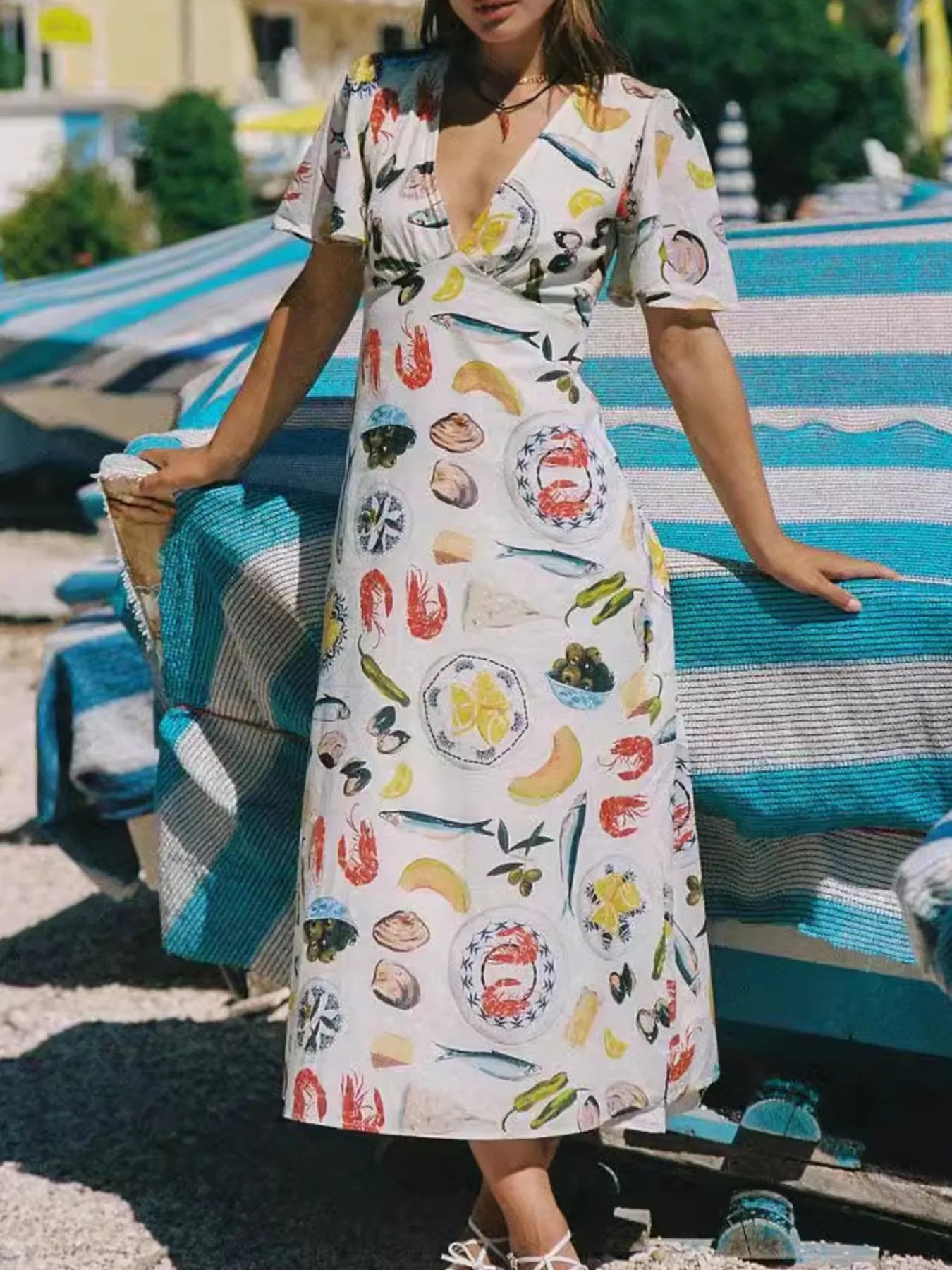 Printed V-Neck Short Sleeve Dress - Lookzlike