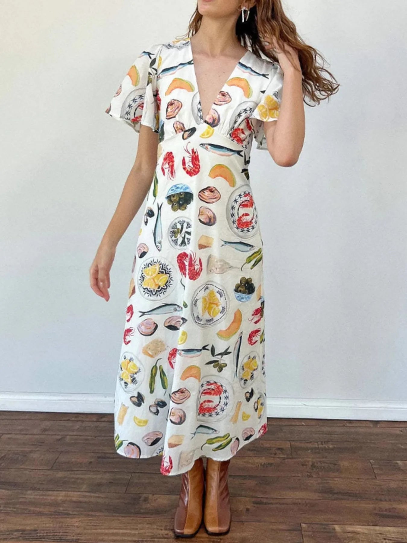 Printed V-Neck Short Sleeve Dress - Lookzlike