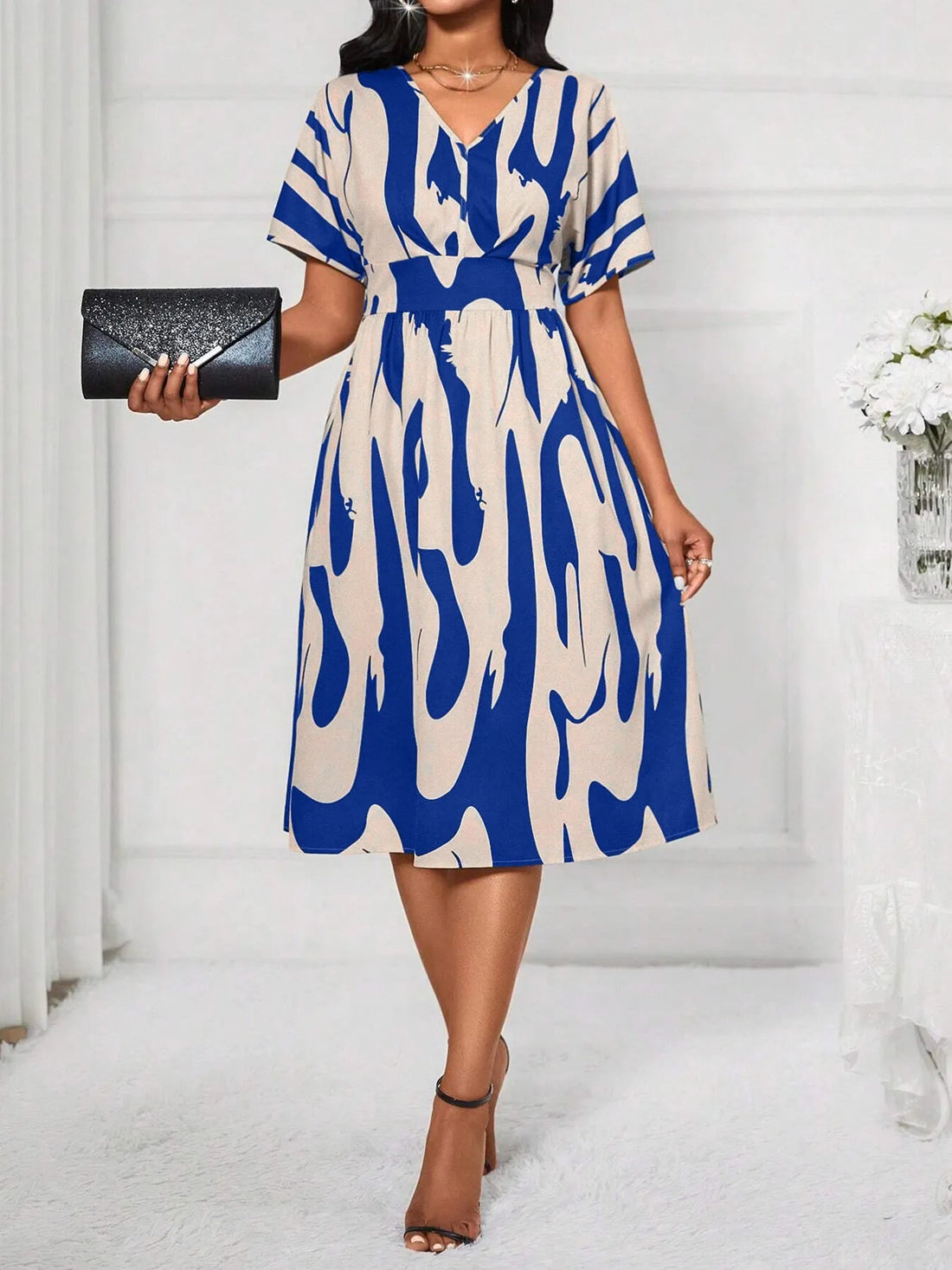 Printed V-Neck Short Sleeve Dress - Lookzlike