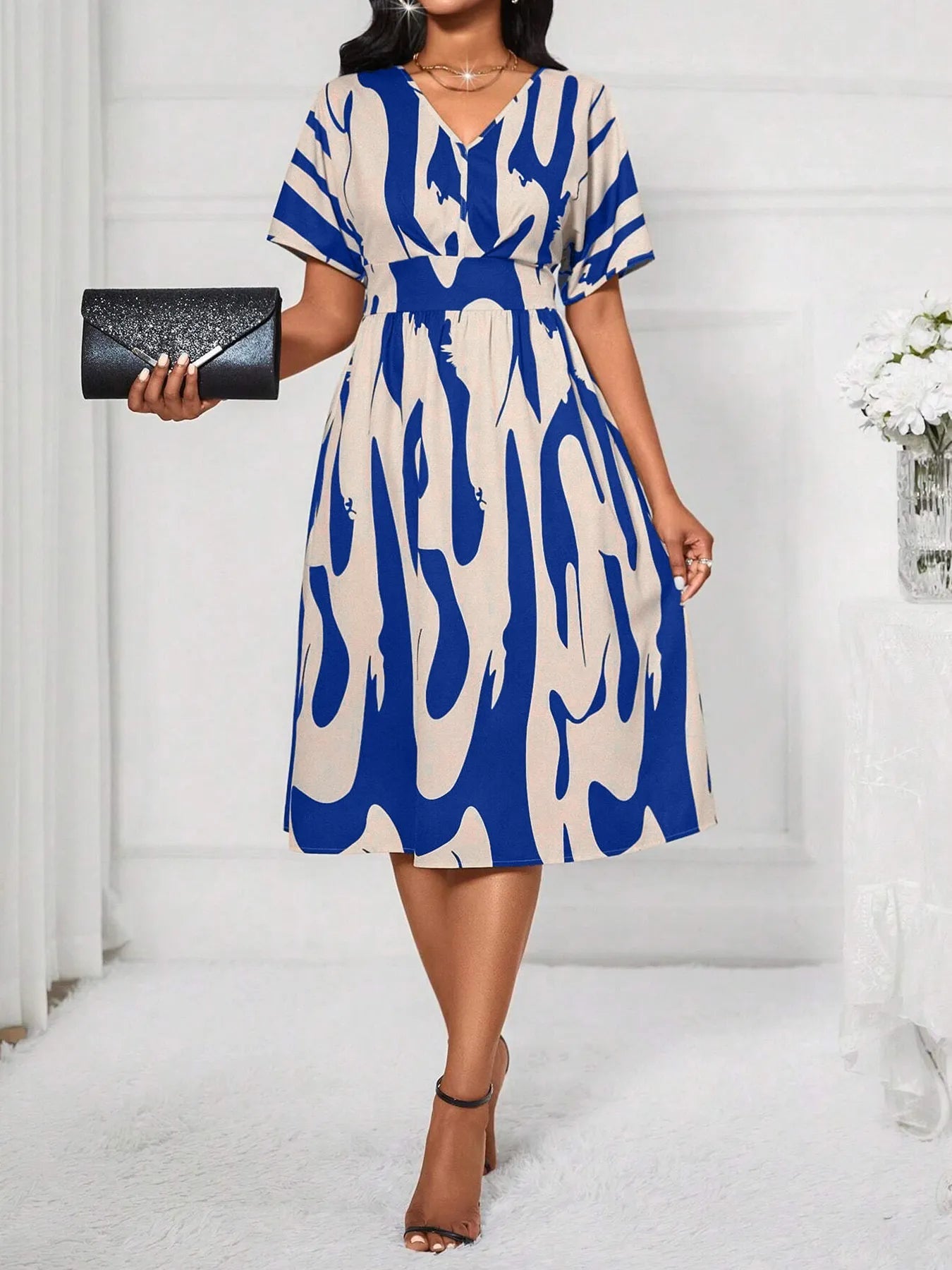 Printed V-Neck Short Sleeve Dress - Lookzlike