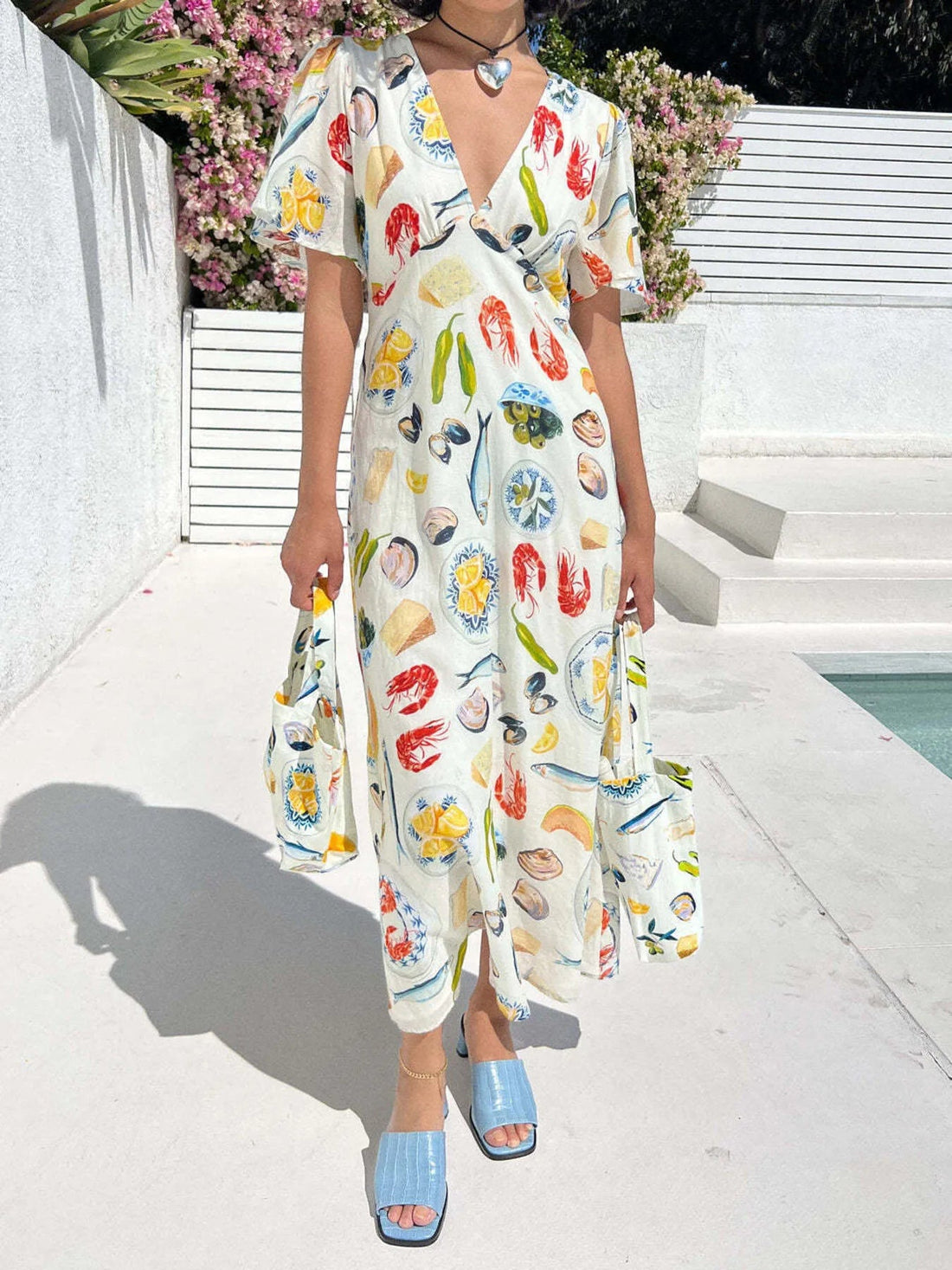Printed V-Neck Short Sleeve Dress - Lookzlike