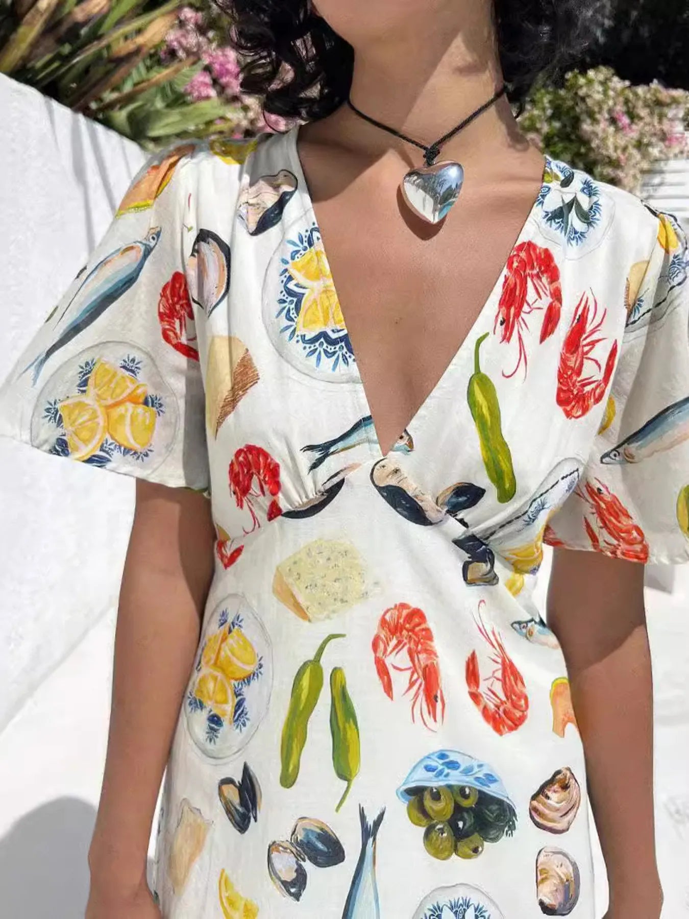 Printed V-Neck Short Sleeve Dress - Lookzlike