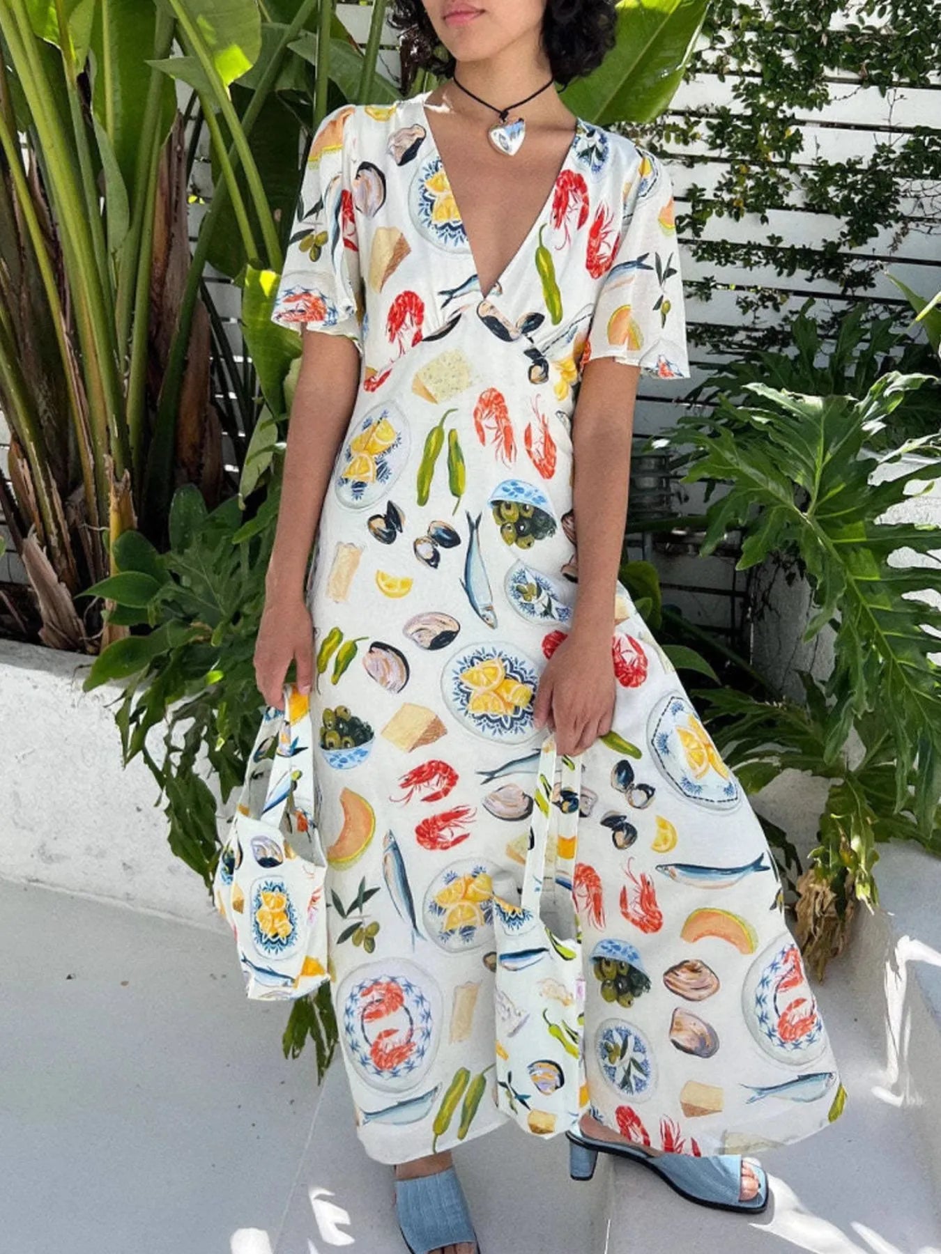 Printed V-Neck Short Sleeve Dress - Lookzlike