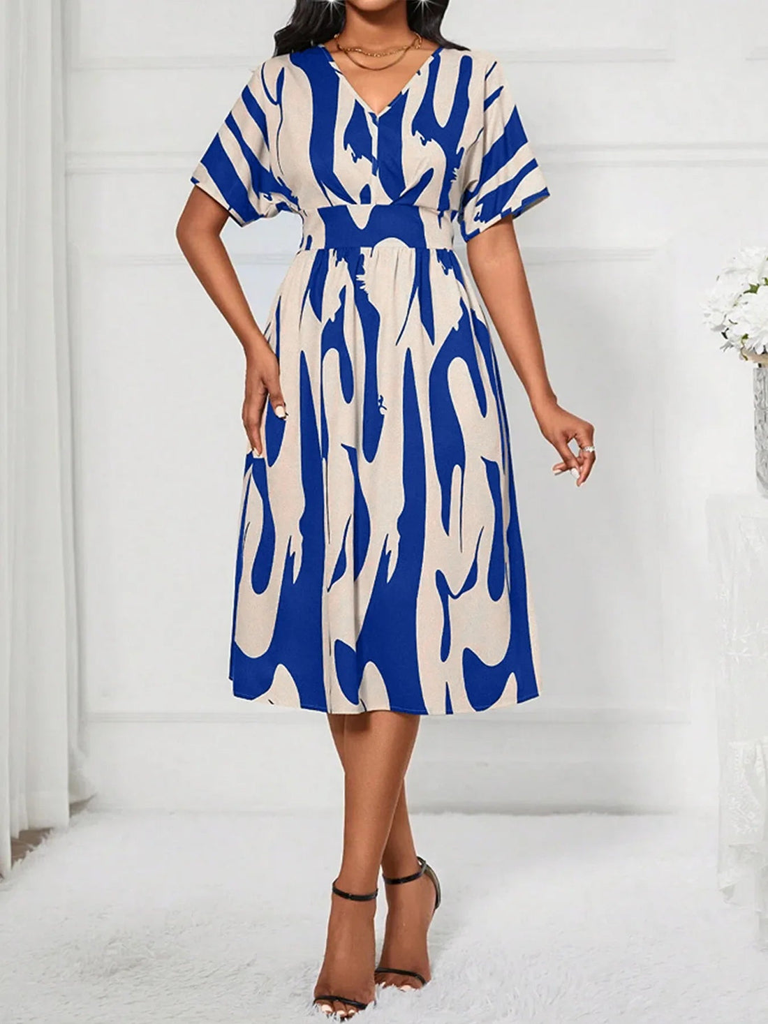 Printed V-Neck Short Sleeve Dress - Lookzlike