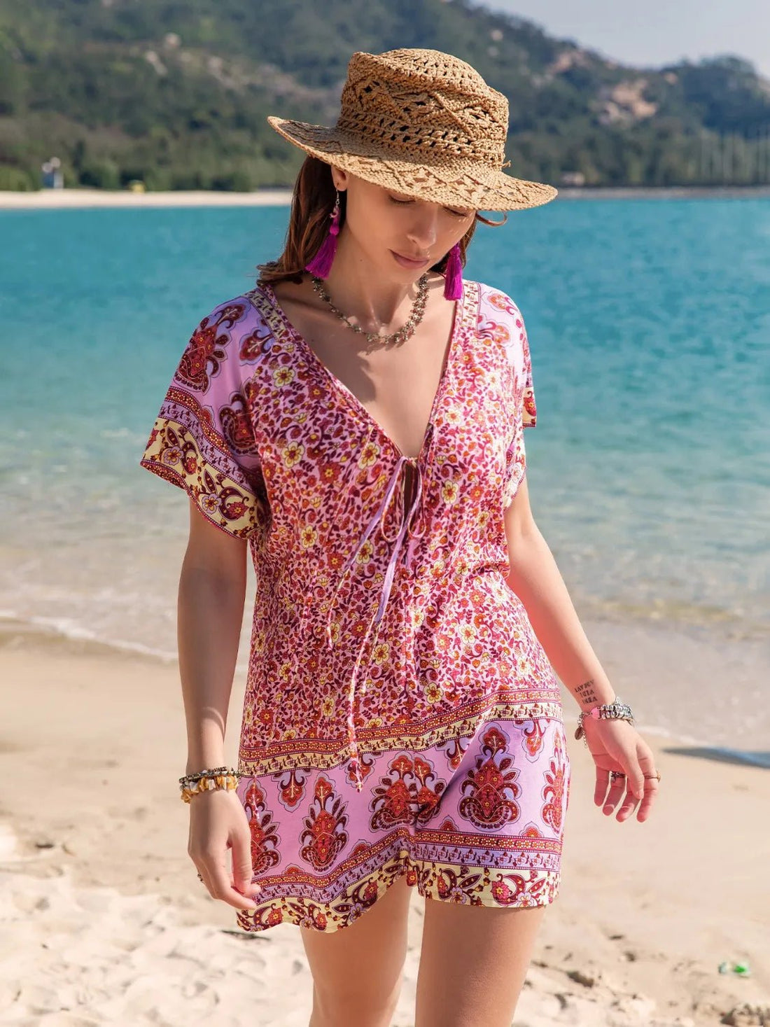 Printed V-Neck Short Sleeve Romper - Lookzlike