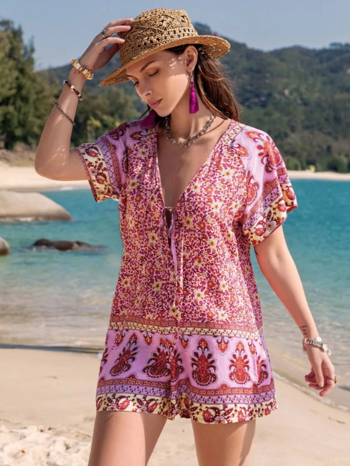 Printed V-Neck Short Sleeve Romper - Lookzlike