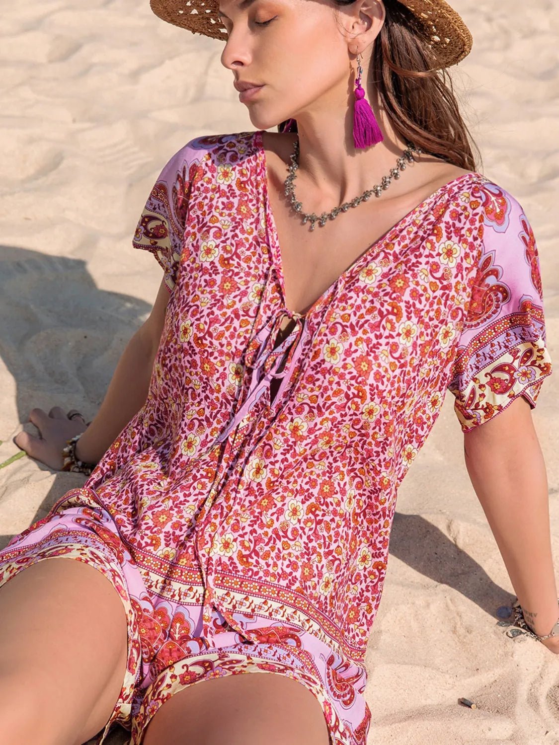 Printed V-Neck Short Sleeve Romper - Lookzlike