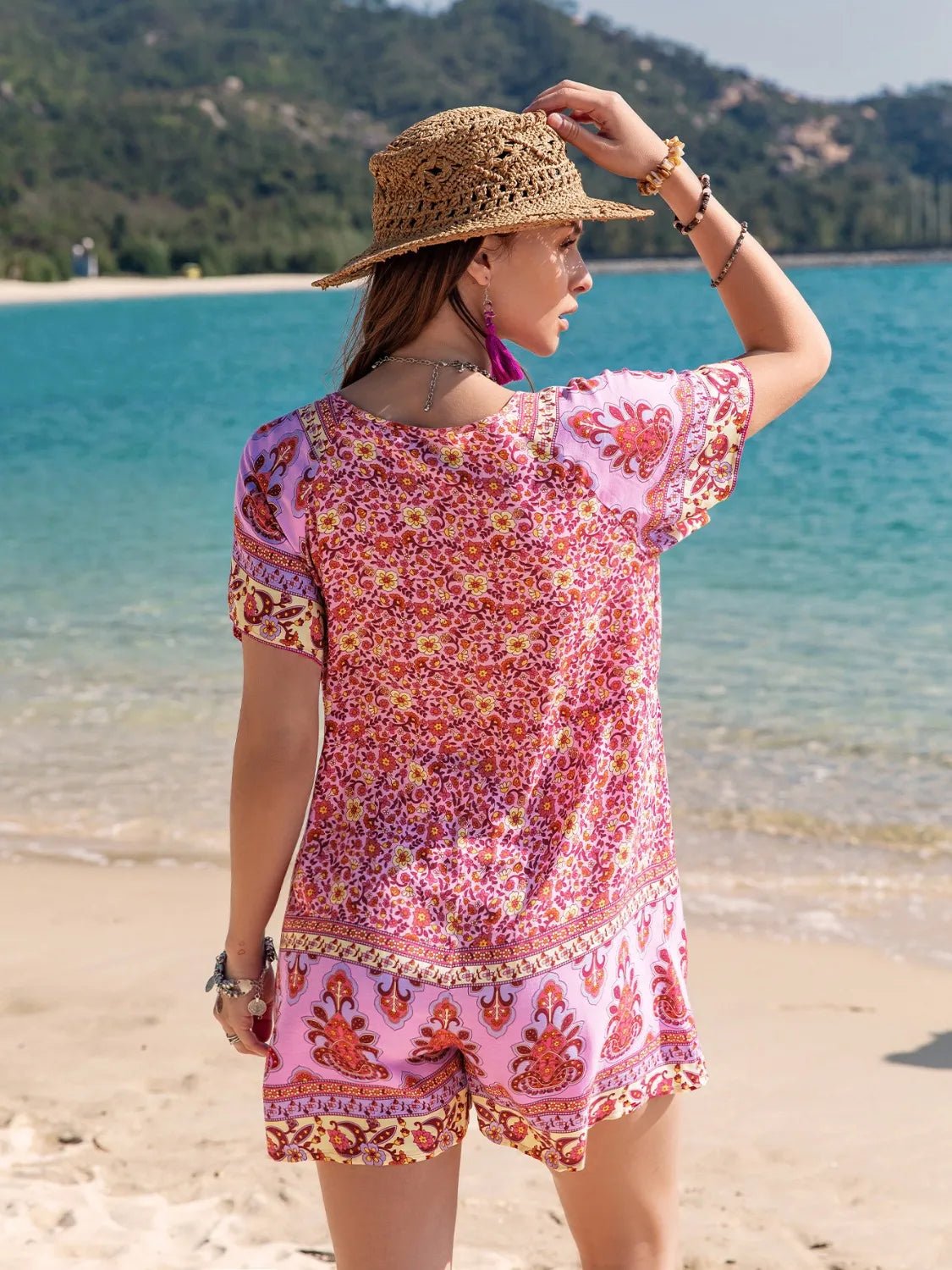 Printed V-Neck Short Sleeve Romper - Lookzlike