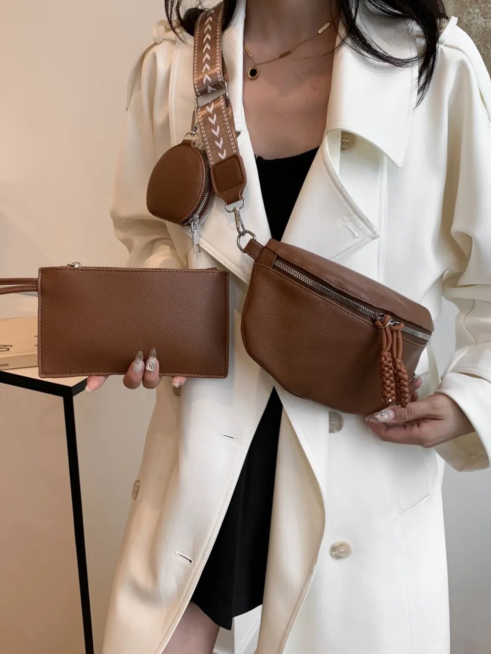 PU Leather Adjustable Strap Crossbody Bag with Coin Purse - Lookzlike