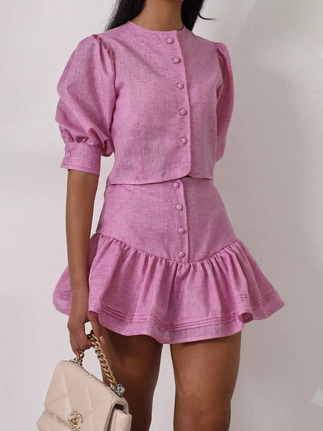 Puff Sleeve Cropped Top and Ruffled Skirt Set designed for comfort and style at Lookzlike