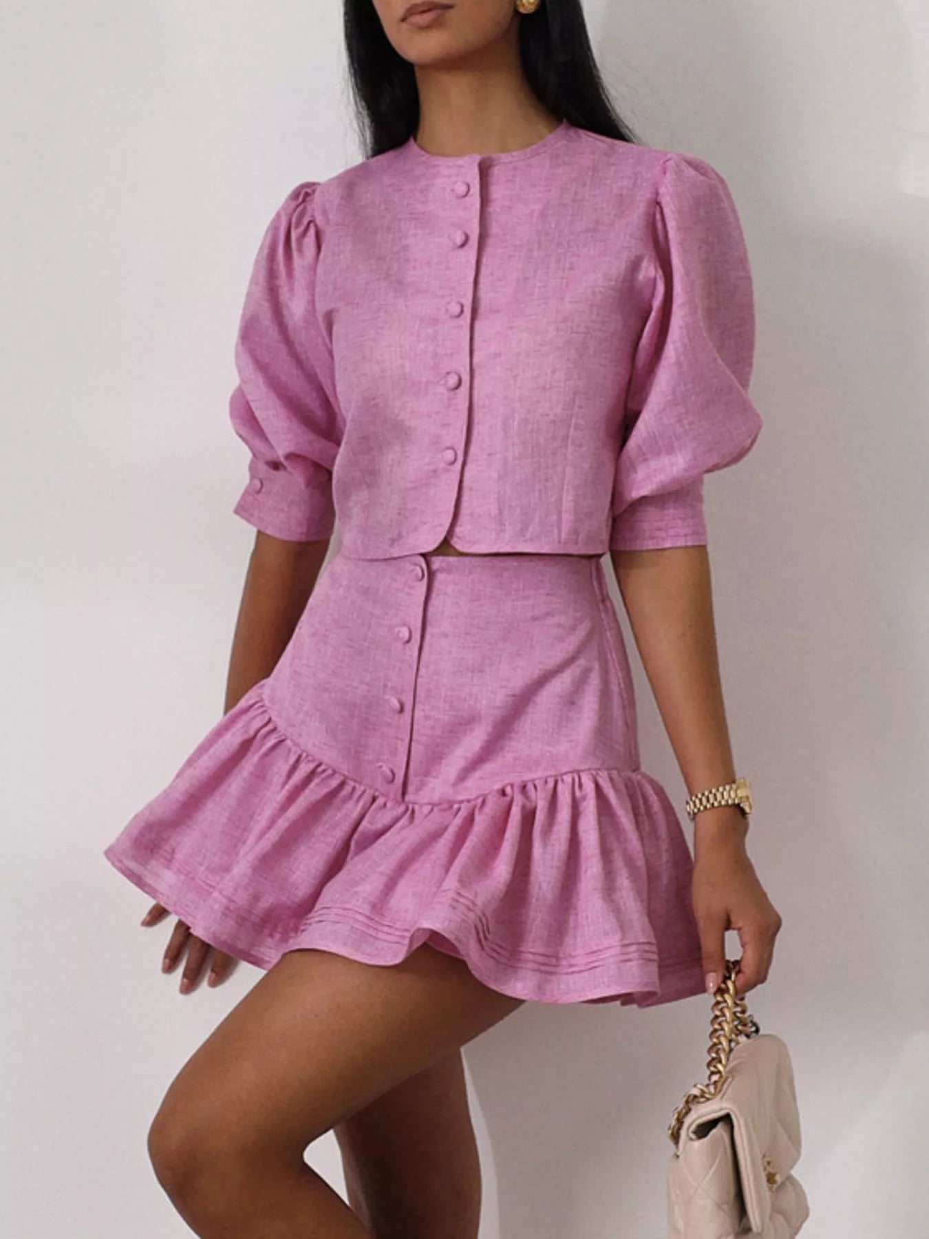 Puff Sleeve Cropped Top and Ruffled Skirt Set designed for comfort and style at Lookzlike