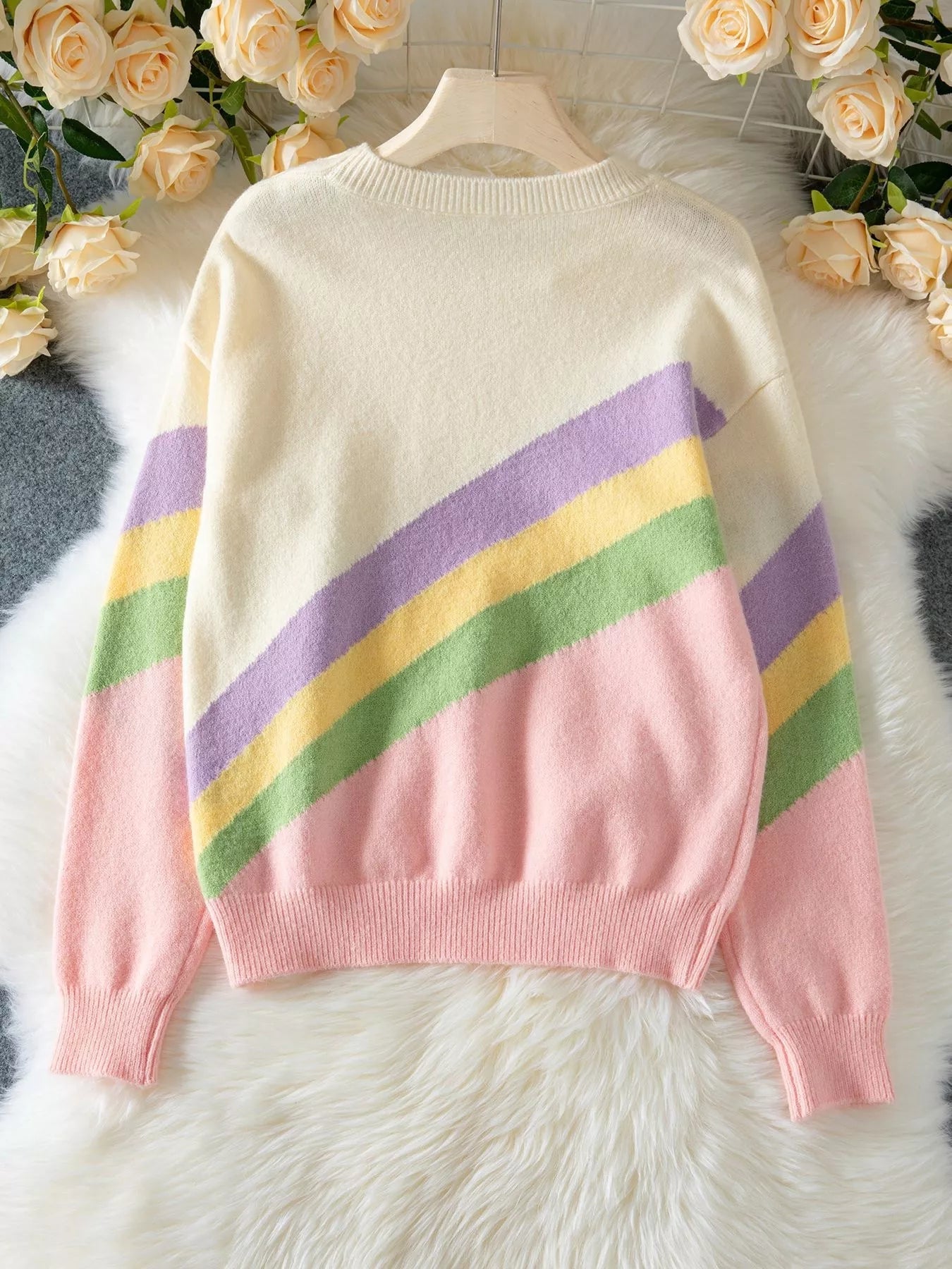 Rainbow Stripe Drop Shoulder Sweater designed for comfort and style at Lookzlike