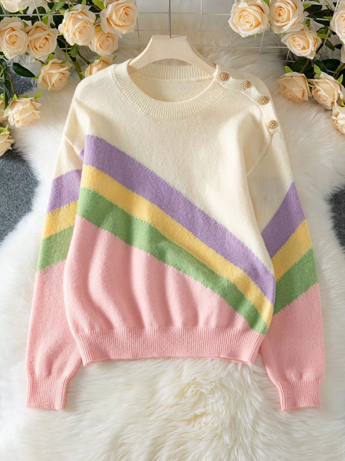 Rainbow Stripe Drop Shoulder Sweater designed for comfort and style at Lookzlike