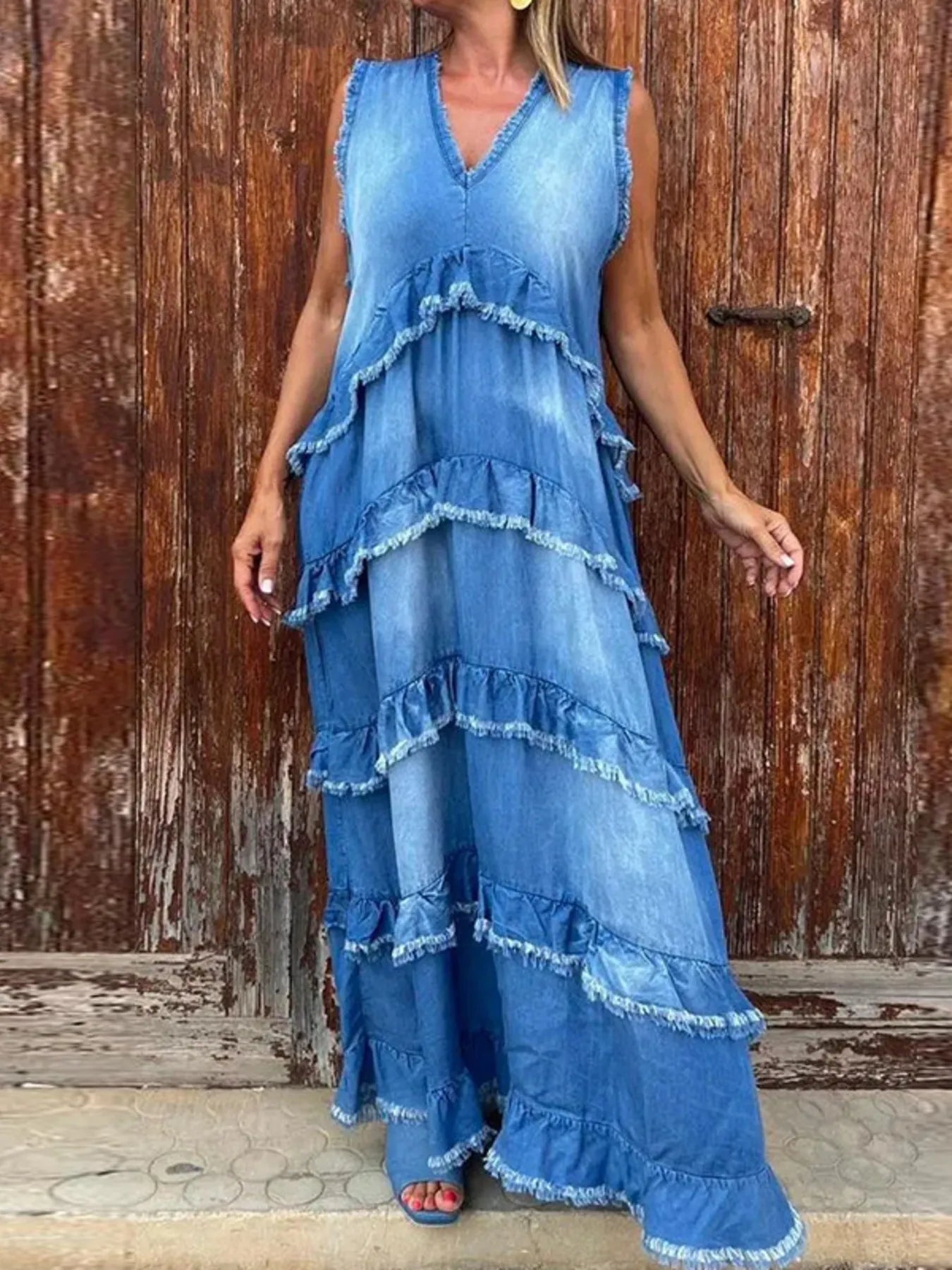 Raw Hem Layered Denim Maxi Dress - Lookzlike