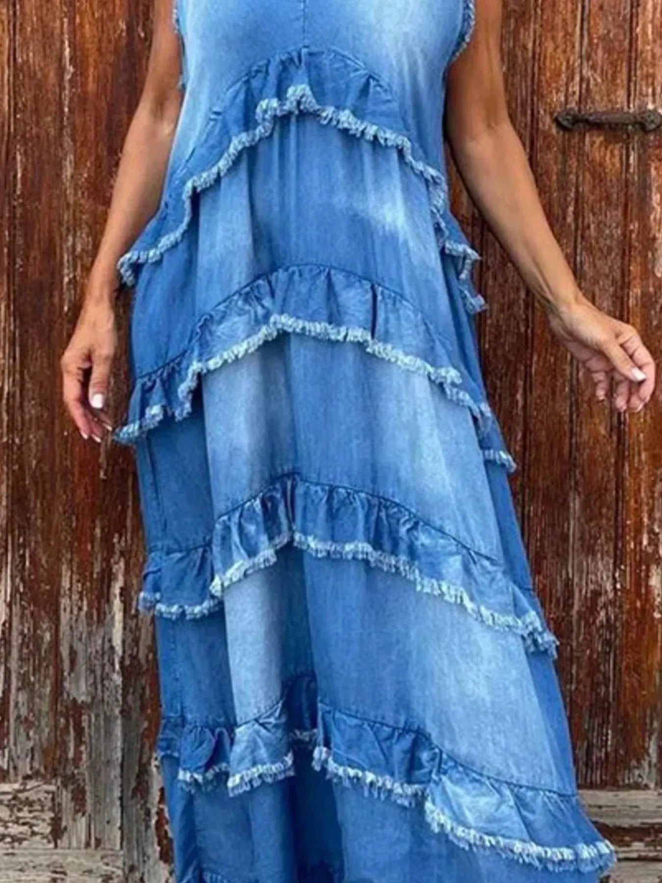 Raw Hem Layered Denim Maxi Dress - Lookzlike