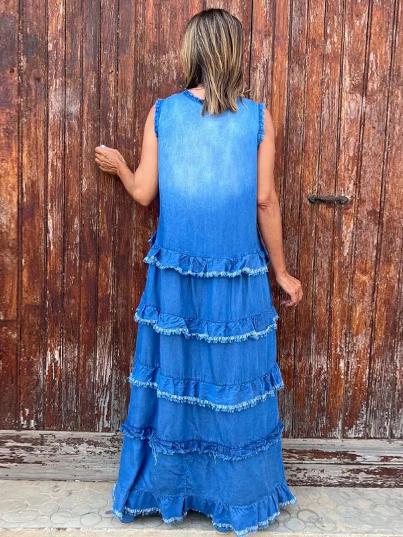 Raw Hem Layered Denim Maxi Dress - Lookzlike