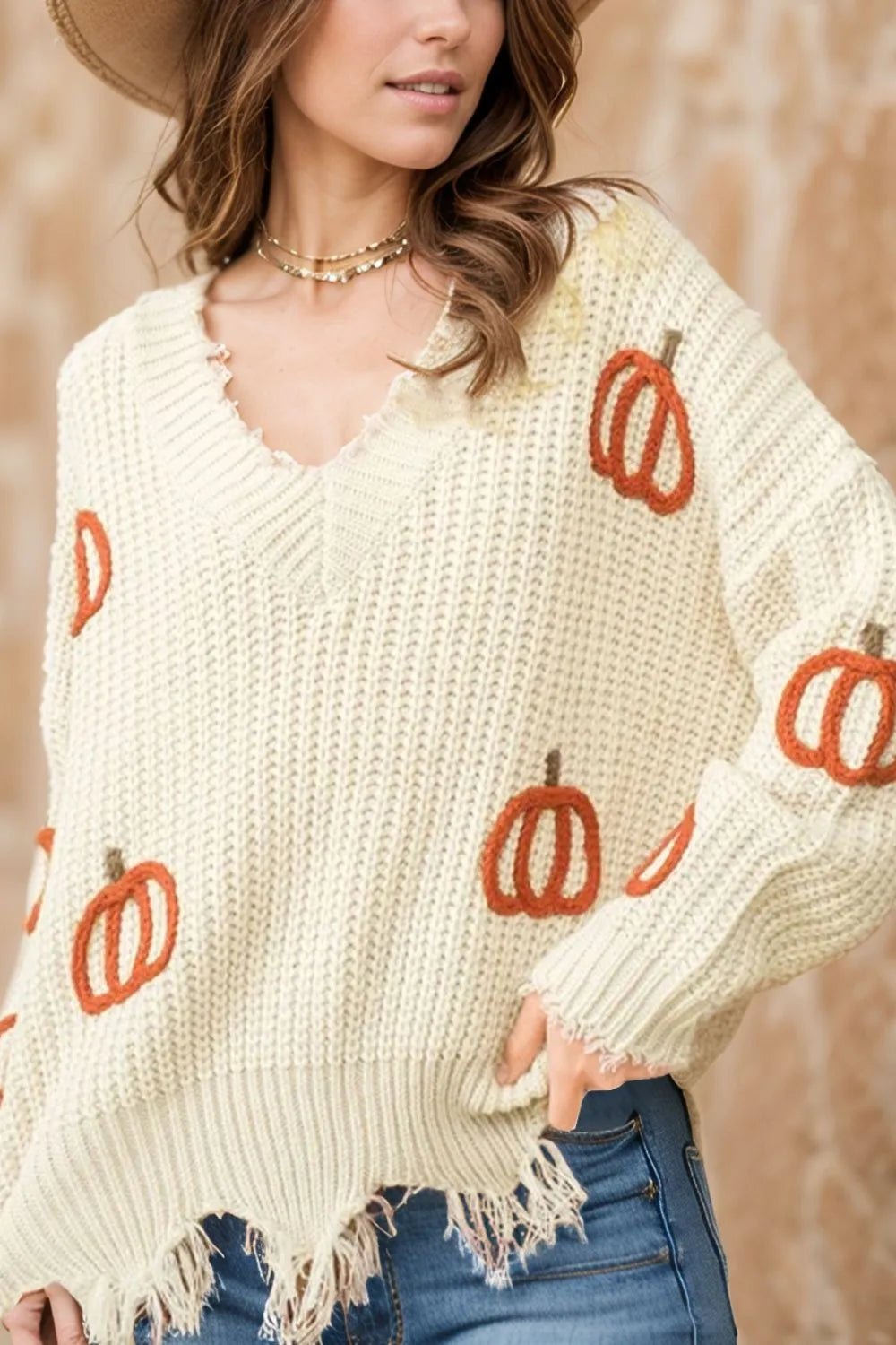 Raw Hem Pumpkin V - Neck Long Sleeve Sweater designed for comfort and style at Lookzlike