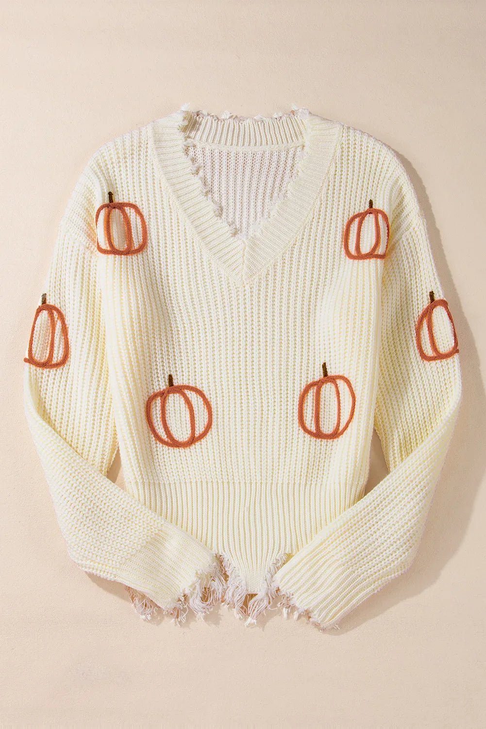 Raw Hem Pumpkin V - Neck Long Sleeve Sweater designed for comfort and style at Lookzlike
