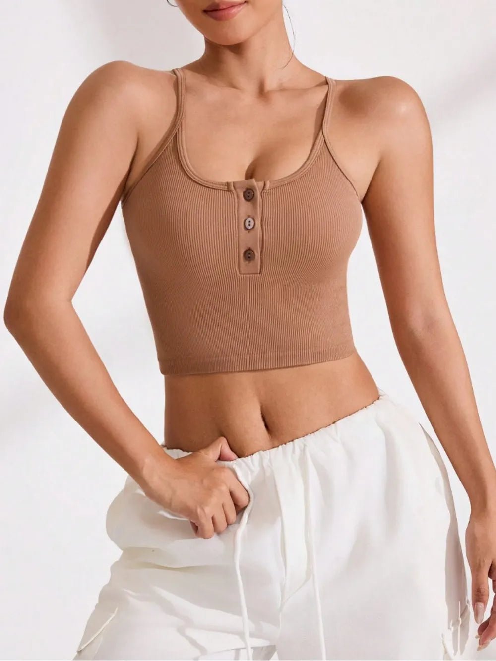 Ribbed Half Button Cropped Active Cami - Lookzlike