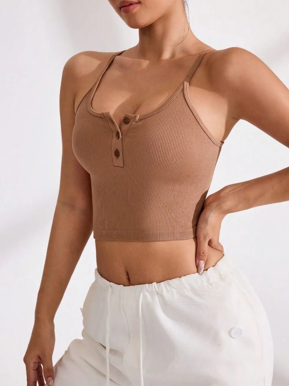 Ribbed Half Button Cropped Active Cami - Lookzlike