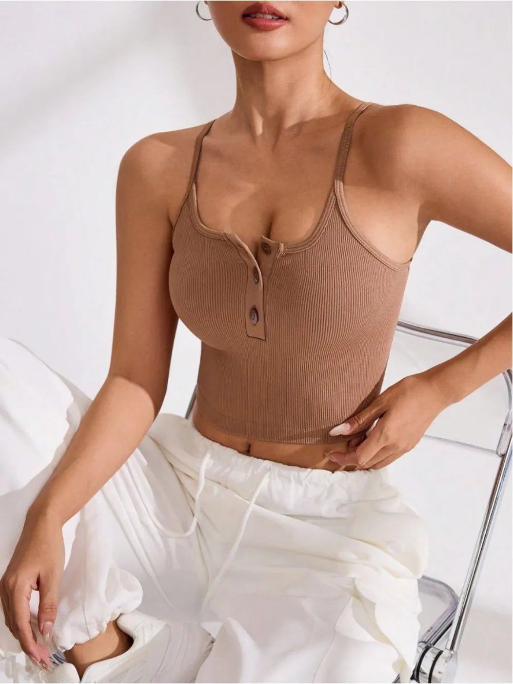 Ribbed Half Button Cropped Active Cami - Lookzlike