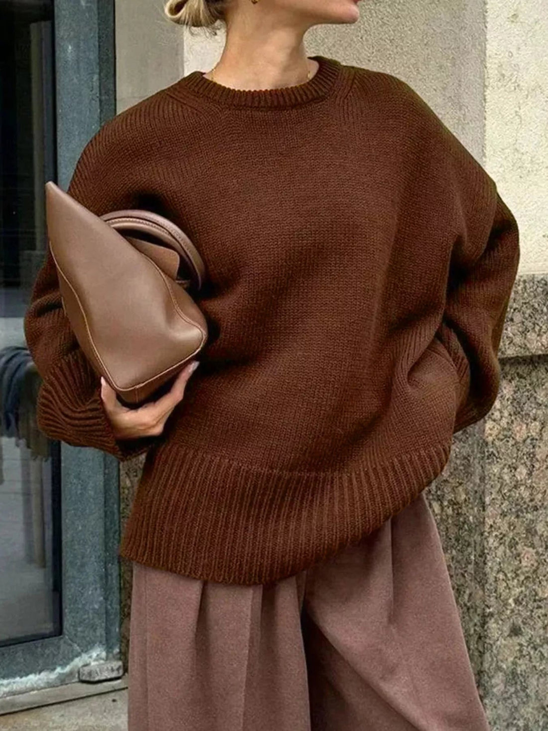 Ribbed Hem Round Neck Sweater designed for comfort and style at Lookzlike