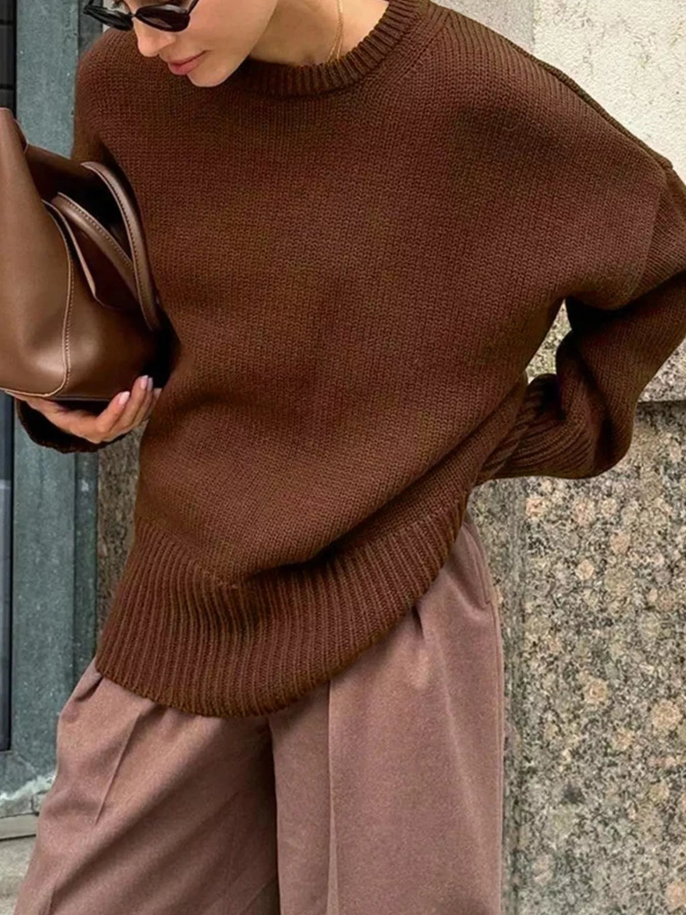 Ribbed Hem Round Neck Sweater designed for comfort and style at Lookzlike