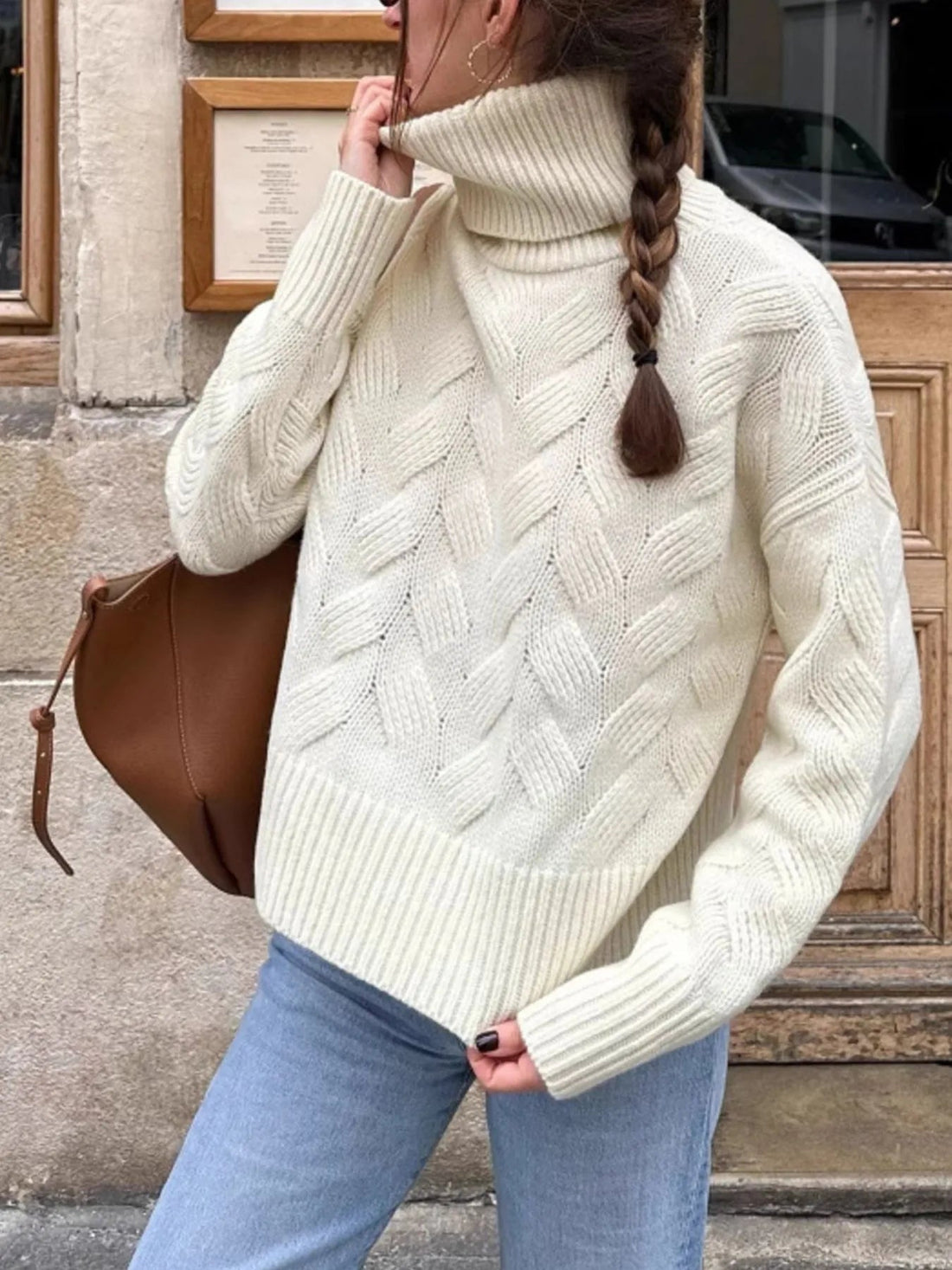 Ribbed Hem Turtleneck Long Sleeve Sweater designed for comfort and style at Lookzlike