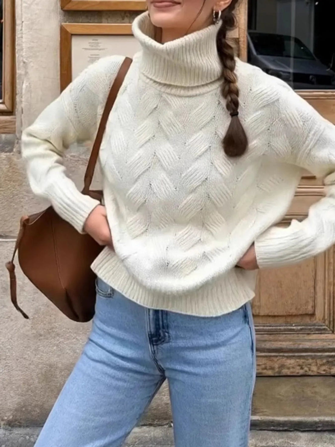 Ribbed Hem Turtleneck Long Sleeve Sweater designed for comfort and style at Lookzlike
