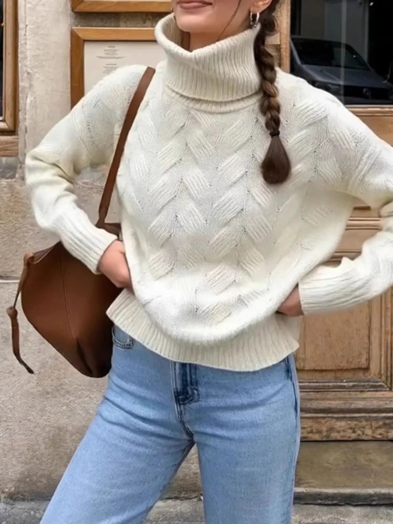 Ribbed Hem Turtleneck Long Sleeve Sweater designed for comfort and style at Lookzlike