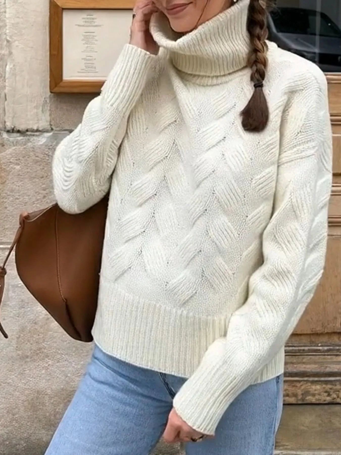 Ribbed Hem Turtleneck Long Sleeve Sweater designed for comfort and style at Lookzlike
