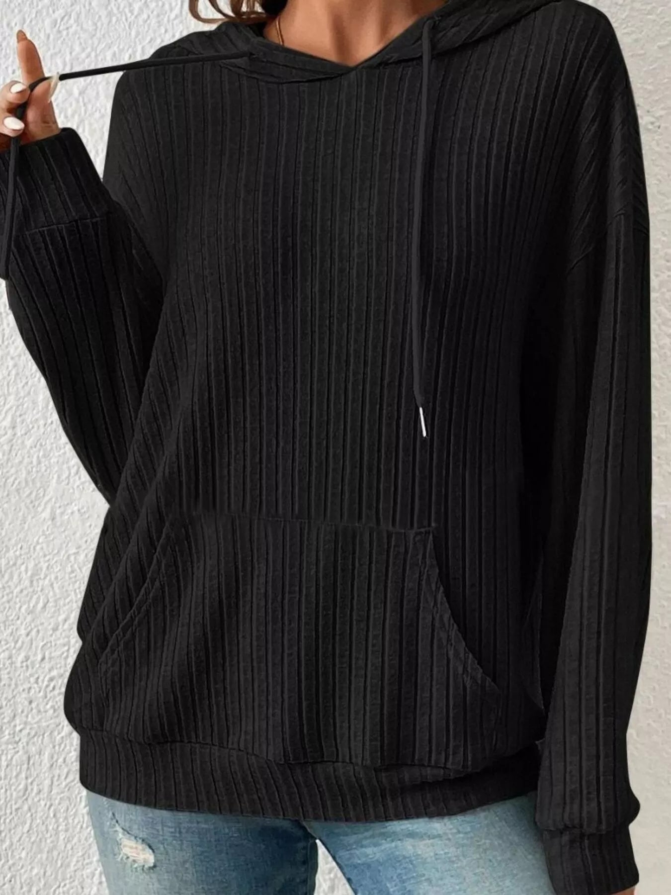 Ribbed Knit Long Sleeve Drawstring Hoodie designed for comfort and style at Lookzlike