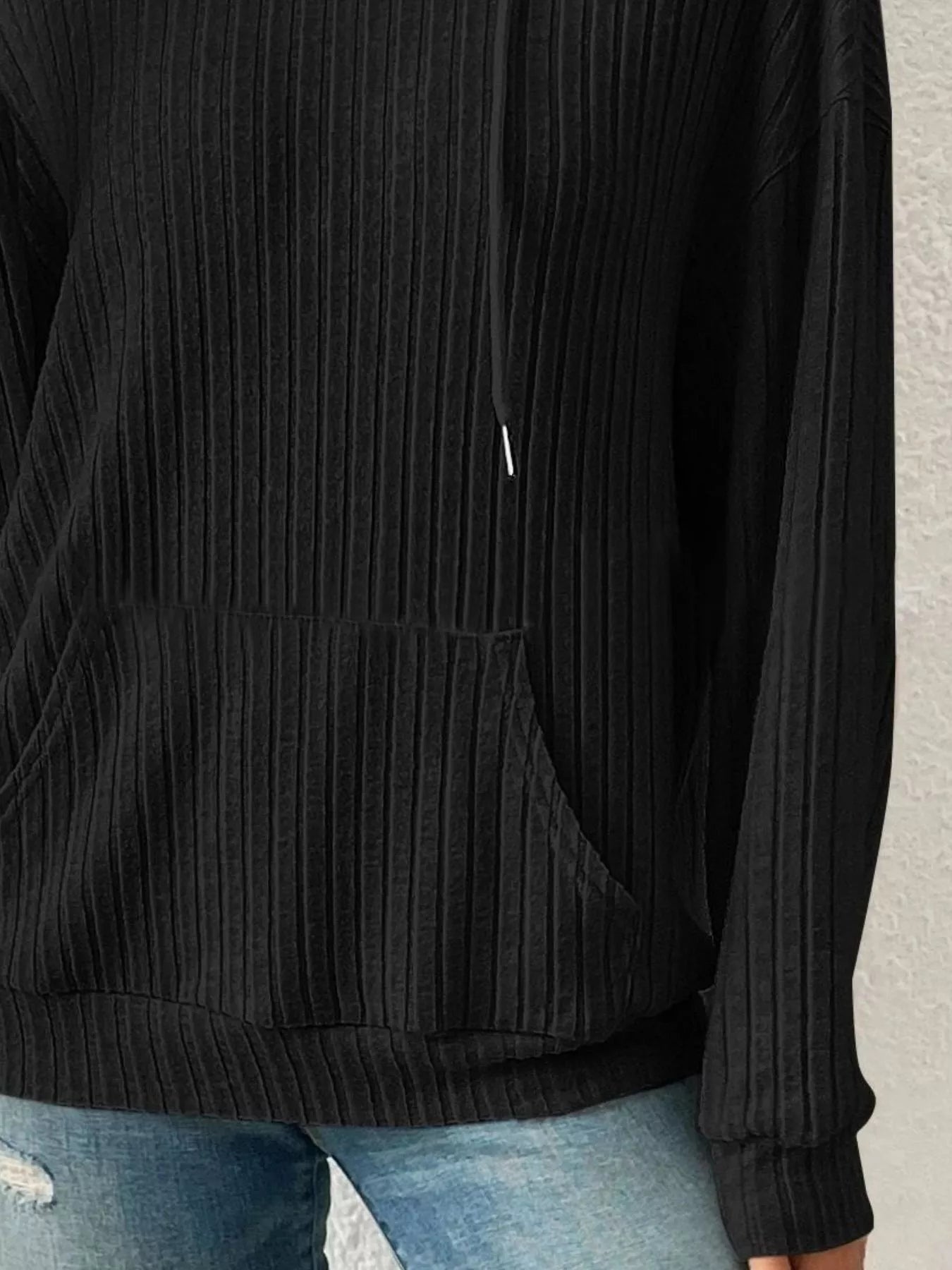 Ribbed Knit Long Sleeve Drawstring Hoodie designed for comfort and style at Lookzlike