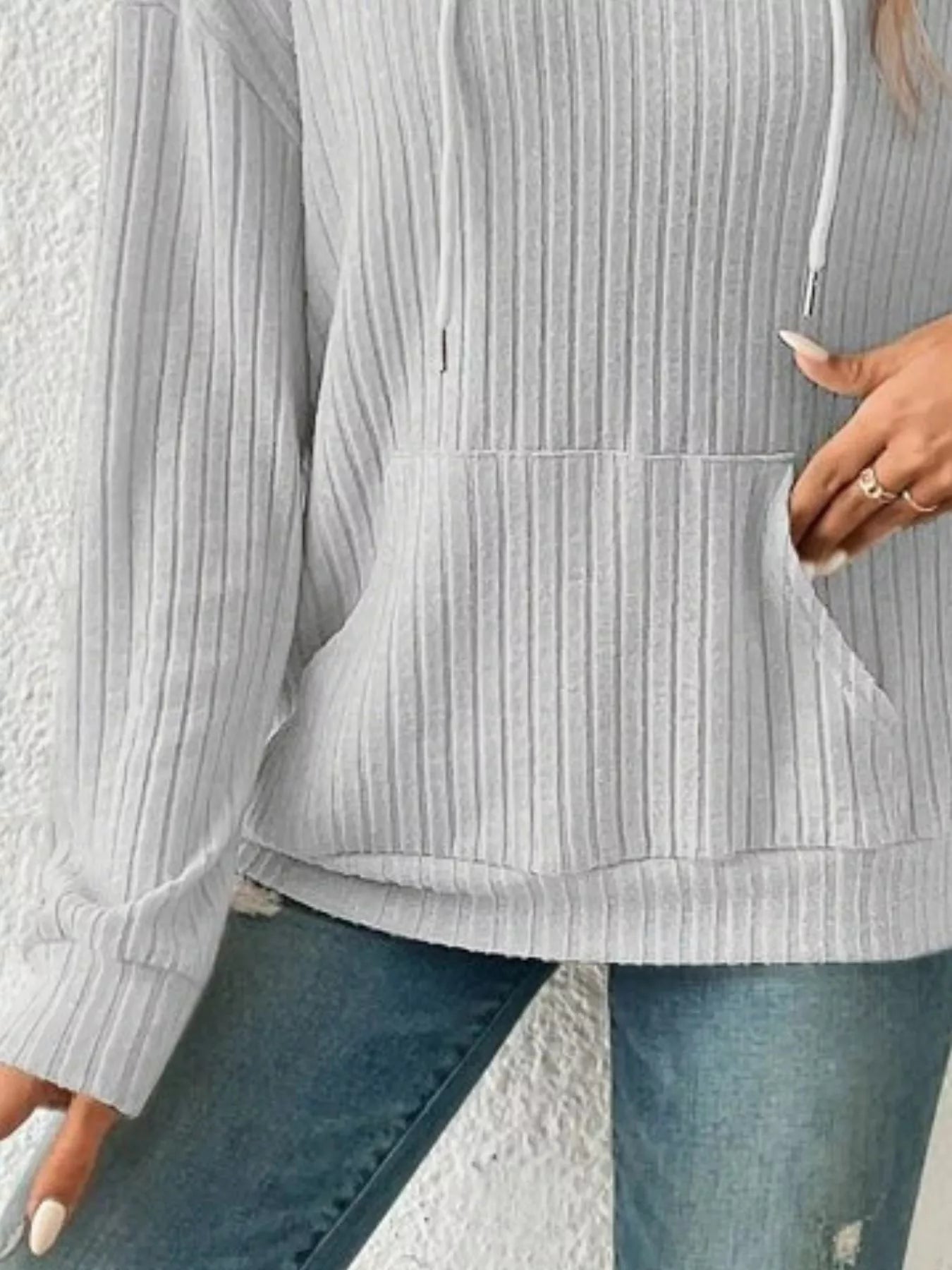 Ribbed Knit Long Sleeve Drawstring Hoodie designed for comfort and style at Lookzlike