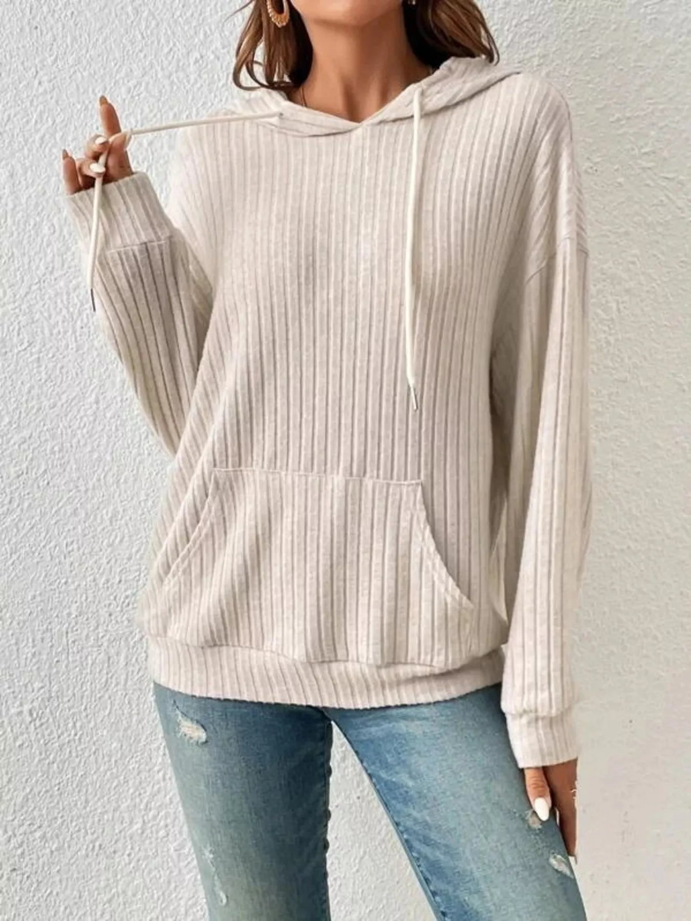Ribbed Knit Long Sleeve Drawstring Hoodie designed for comfort and style at Lookzlike