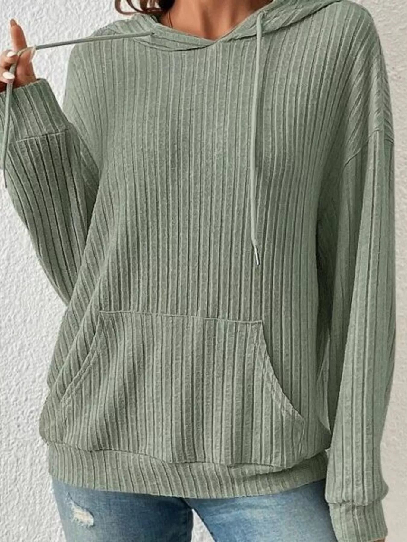 Ribbed Knit Long Sleeve Drawstring Hoodie designed for comfort and style at Lookzlike