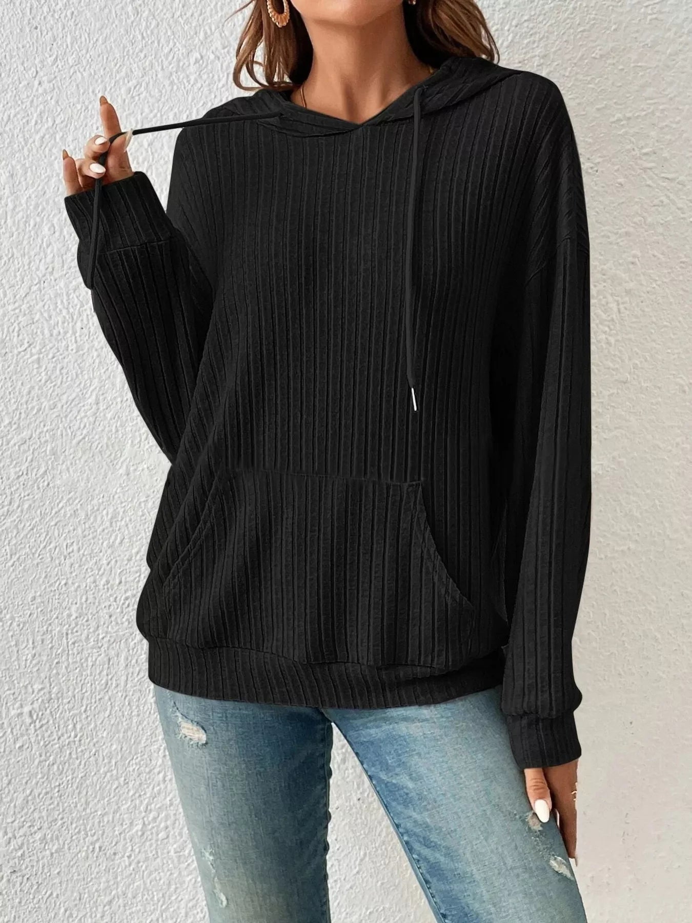 Ribbed Knit Long Sleeve Drawstring Hoodie designed for comfort and style at Lookzlike