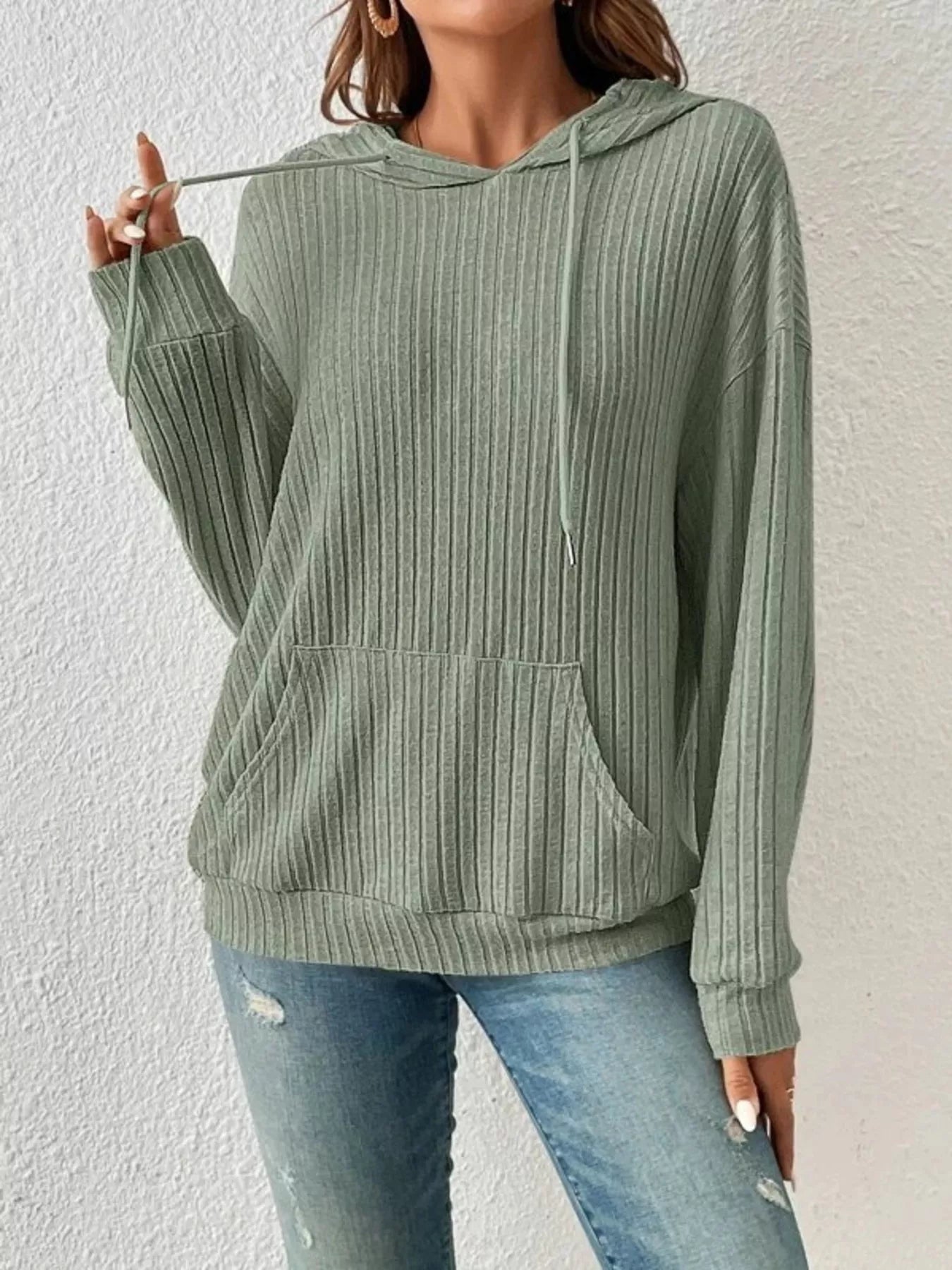 Ribbed Knit Long Sleeve Drawstring Hoodie designed for comfort and style at Lookzlike