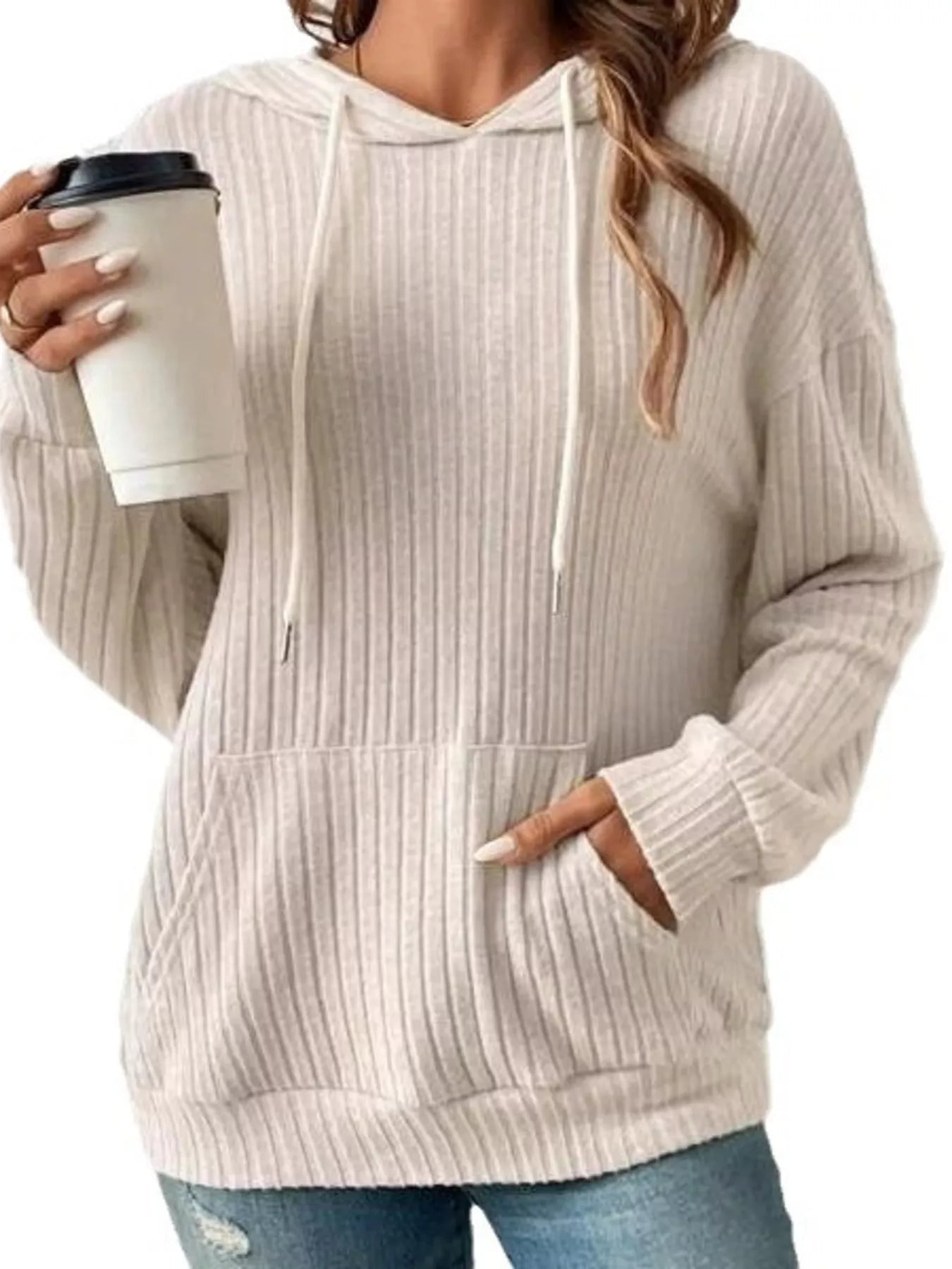 Ribbed Knit Long Sleeve Drawstring Hoodie designed for comfort and style at Lookzlike