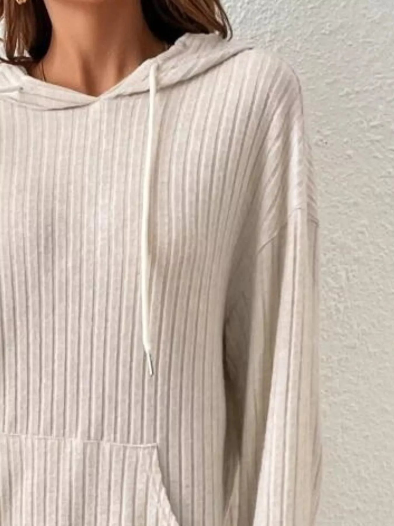 Ribbed Knit Long Sleeve Drawstring Hoodie designed for comfort and style at Lookzlike